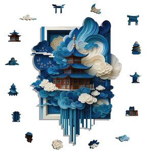 Puzzles Up ✦ Blue Shrine Wooden Jigsaw Puzzle ✦ A5 Small NWT